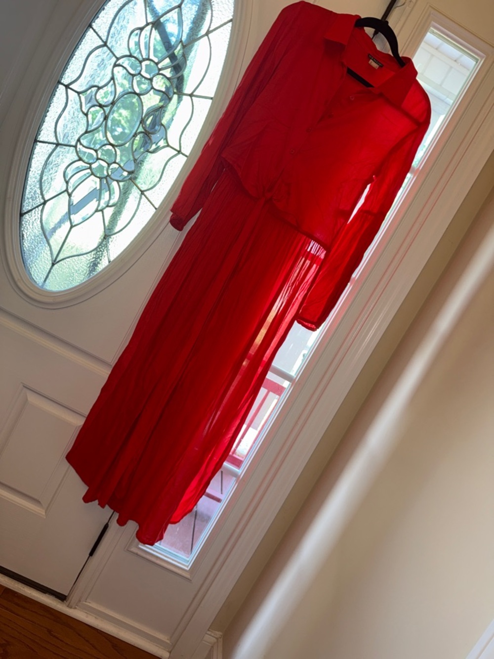 VENUS Red Long Sleeve Maxi Shirt Dress with Pleated Skirt